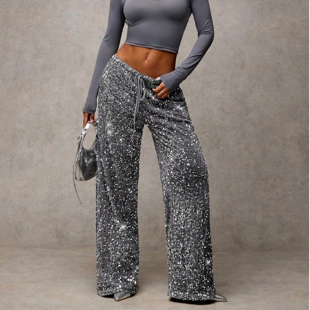 Silver Sequin Drawstring Wide Leg Pants